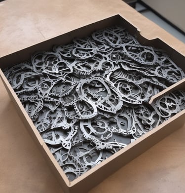 An industrial workspace filled with laser cutting equipment.