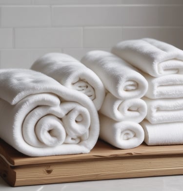 A minimalist composition featuring eco-friendly cleaning products arranged on a textured beige fabric. There's a bottle with a pump dispenser, a small packet, and two paper bags with lavender and mint green labels. The background is softly lit, creating a calm atmosphere.