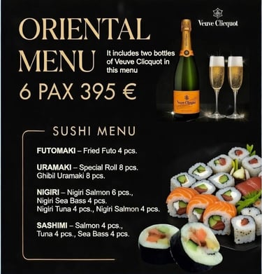 Menu sushi 6 pax incluye veuve clicquot