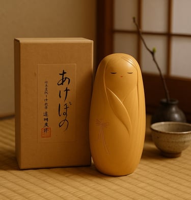 „Handgefertigte Kokeshi-Holzpuppe aus Manufakturarbeit, stehend neben einer japanischen Geschenkbox