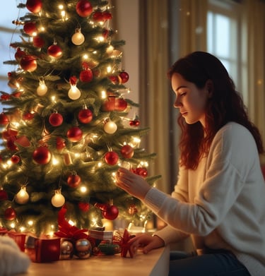 A cozy living room adorned with Christmas lights and decorations.