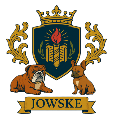 Family crest-style logo featuring a crowned shield with an open book and flame, flanked by ornate golden flourishes and two b