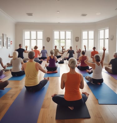Several women are engaged in a yoga or workout session in a spacious room with large windows and a brick wall. They are wearing athletic clothing and are using yoga mats. The women appear focused and serene as they perform their exercises.