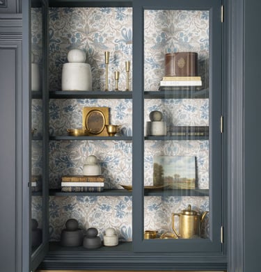 a cabinet with a glass door and a shelf with dishes