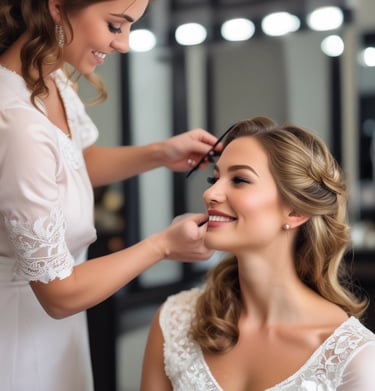 A person with long, wavy hair is receiving makeup, being applied with a brush around the eye area. The setting is bright with natural lighting, and a slight smile is present, suggesting a calm and pleasant atmosphere.