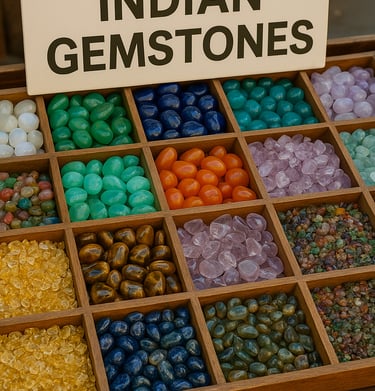 "Assorted Indian gemstones on display"