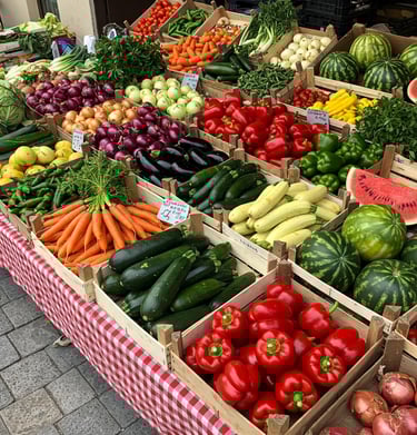 A vibrant market stall displays a variety of fresh produce. There are wooden crates filled with veg