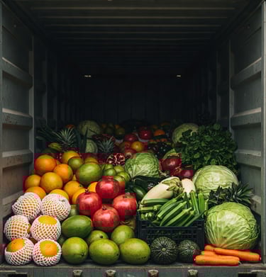 "Container filled with Indian vegetables and fruits"