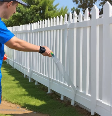 Vinyl fence being soft washed by a Blu Washing Services employee.