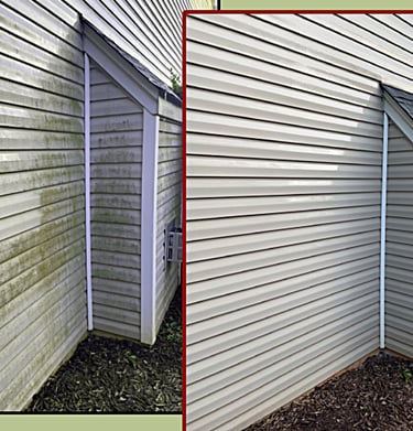 Before and after picture of a vinyl siding of a house professionally cleaned.