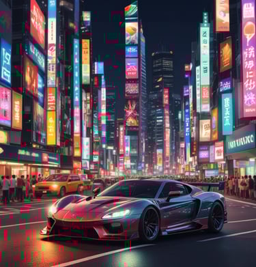 a car driving down a busy street in Tokyo