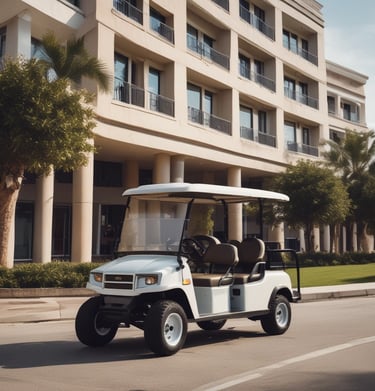 A panoramic view of electric cars lined up at a golf club.