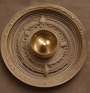 A collection of intricately designed metal objects, including vases, bowls, and a bell, arranged in a decorative manner. The items display ornate patterns and various levels of tarnish, giving them an antique appearance.