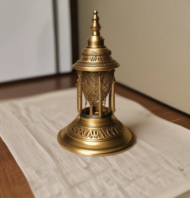 A collection of intricately designed metal objects, including vases, bowls, and a bell, arranged in a decorative manner. The items display ornate patterns and various levels of tarnish, giving them an antique appearance.