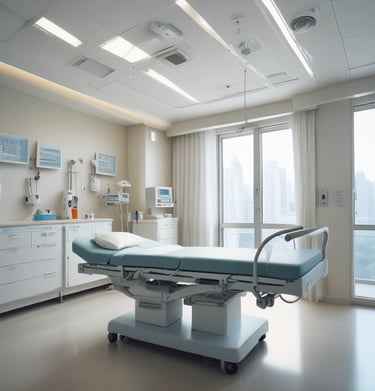 A hospital building with an entrance sign indicating various departments such as ICU, CCU, Cath Lab, Paediatrics, Nursery, Stroke Unit, Dialysis, and Blood Bank. The building has a beige facade with multiple stories and several windows. There are various signs with red and blue lettering highlighting emergency services and 24/7 inpatient care.