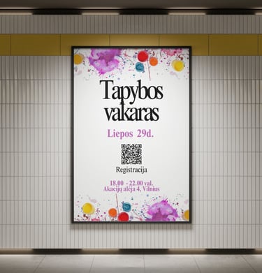 Renginio plakatas tapybos vakarui su spalvingomis detalėmis ir QR kodu registracijai.