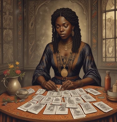 A client and reader sharing a warm, attentive moment during a tarot session.