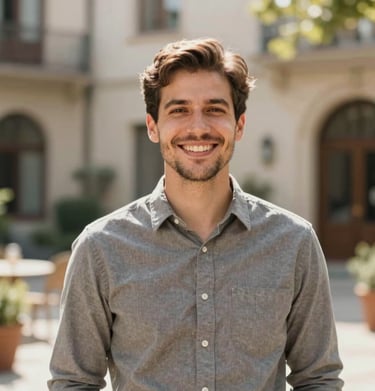 Authentic, friendly portrait of the developer smiling at the camera, standing in a sun-drenched outdoor courtyard. Warm, professional, and cinematic photography.