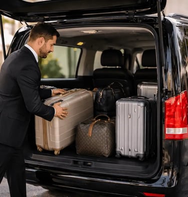 Chauffeur loading suitcases into the spacious trunk of a Mercedes-Benz Vito W447