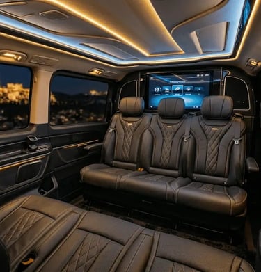 Luxury interior of Mercedes-Benz Vito with 8 leather seats and golden ambient lighting for group travel