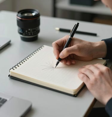 Close-up of hands sketching in a minimalist notebook on a light grey desk, professional and artistic setup, Northern European designer's office.