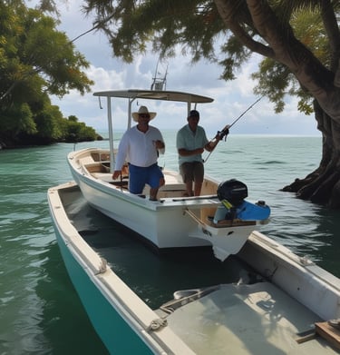 A family laughing on a boat surrounded by gentle Caribbean waves, ready for a day of fishing adventure.
