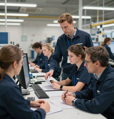 A warehouse bustling with activity, showing seamless coordination between on-site managers and workforce partners.