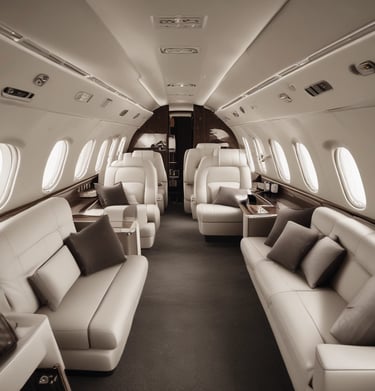 Sumptuous private jet cabin with plush leather seats and warm bronze accents.