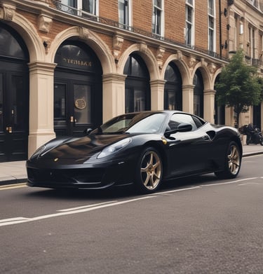 Shimmering supercar parked at dusk in Knightsbridge, city lights glowing.