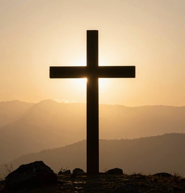 A golden cross standing tall on a hill at sunrise, bathed in divine light.