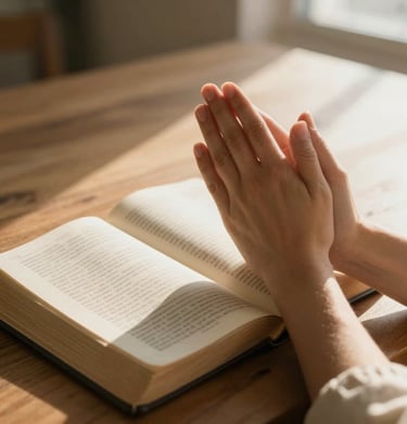 Praying hands gently clasped together with a soft glow surrounding them.