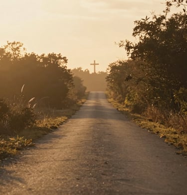 A golden cross standing tall on a hill at sunrise, bathed in divine light.