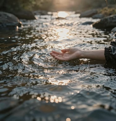 A serene scene of a glowing Bible open beside a quiet stream reflecting morning light.
