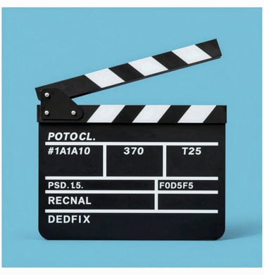 Director's clapboard, black #1A1A1A and white #FDFDF5, minimal background in blue #0050B3, vintage pop art illustration style, thick borders.