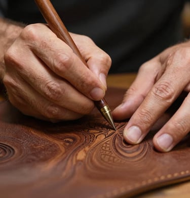 Close-up of a skilled Brazilian craftsman's hands carefully tracing patterns on premium dark walnut brown leather. Soft focused, warm, intimate light showing dedication and heritage.