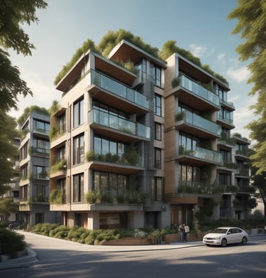 An elegant building integrated with green technology and water features.