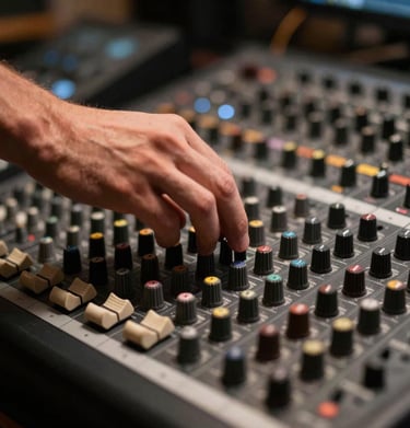 Blurred motion of a musician's hand moving over a mixing desk, dark espresso brown and warm stone grey tones, North American / US production suite.