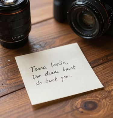 A vertical photo of a hand-written note on a wooden table next to a camera lens. The scene is lit by warm, soft morning light. South East Asian / Indonesian aesthetic, cinematic and storytelling style.