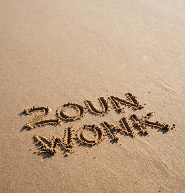 Close up of sand texture on a soft sand beach, showing detailed temporary engravings made by the artist, warm sun-drenched lighting.