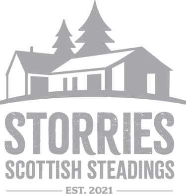 Storries Scottish Steadings logo featuring a rustic house and pine trees silhouette.