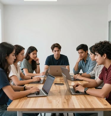 A group of young Latin American academics and systems researchers collaborating at a modern wooden table inside a bright, white-walled digital rights non-profit lab.