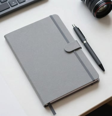 A top-down view of a designer's toolkit including a Mist Grey notebook and Charcoal Black pen on a Ghost White desk in a North American / US home office.