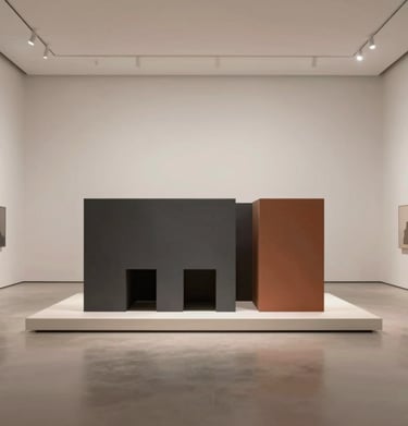 Minimalist gallery space with one large architectural model in the center, soft warm lighting, charcoal and terracotta accents #F9F7F2 #333333 #BC6C47