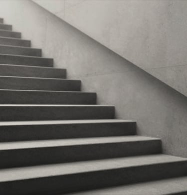 Minimalist architectural photograph of stairs, sharp charcoal angles, soft sand light, captured with a deep authorial lens #333333 #F9F7F2