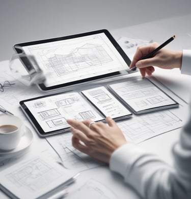 A designer’s hand sketching on a digital pad, with AI suggestions appearing in real-time.