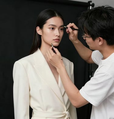 Candid shot of a model preparing behind the scenes, high-end fashion environment, monochromatic Off-white and Jet Black tones.
