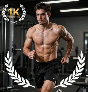Action shot of a male model running in a dark gym, muscular definition highlighted by Silver Grey rim lighting.