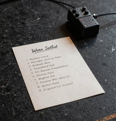 A worn setlist taped to a stage floor next to a guitar pedal. Minimalist, artistic detail shot of live music culture. Dark gray and black tones. Western European / Dutch venue.