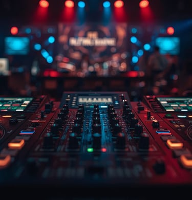a dj mixing console in a venue