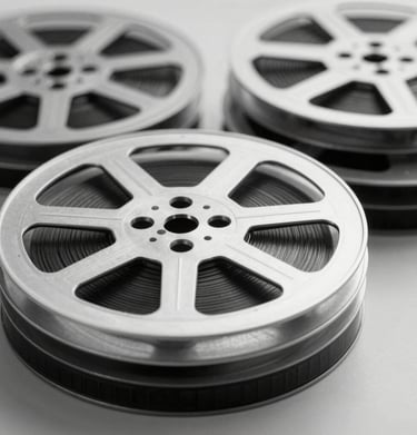 An artistic shot of film reels stacked neatly, vintage meets contemporary, monochrome aesthetic with silver #8C9CA6 highlights.